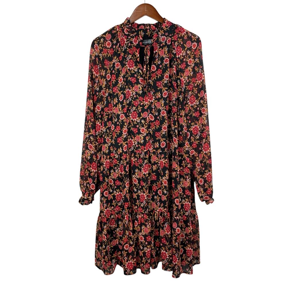 Harper 241 Dress Black Pink Floral Long Sleeve Ruffle Knee Length Women's 22W